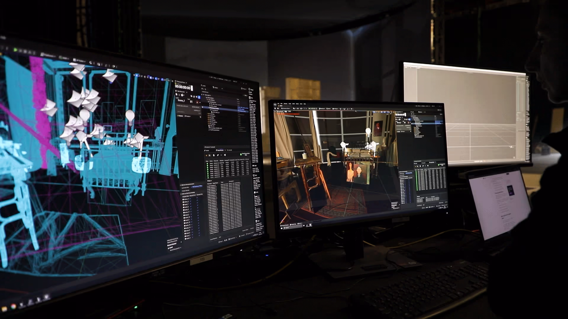 Unreal Engine previs of living-room set on dual monitors during pre-production at UNSPACE Turin studio.