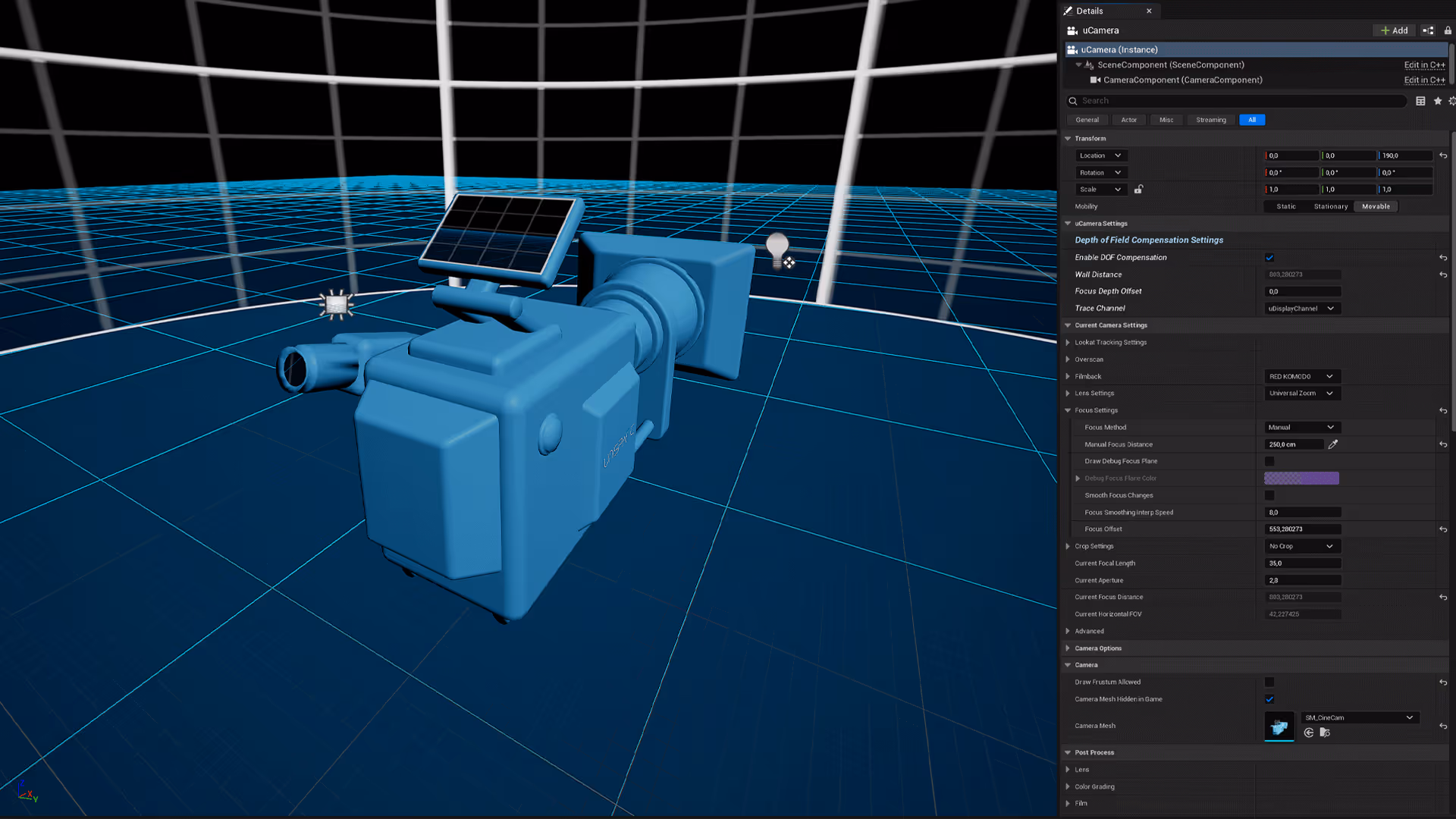 uCamera viewport in Unreal Engine showing CineCamera mesh and DoF compensation settings for UNSPACE LED stage.