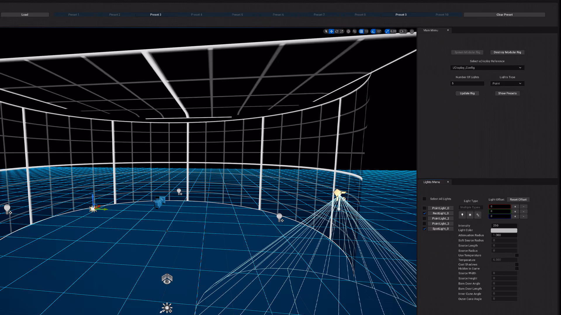 Modular-rig interface visualising base light array and DMX controls along UNSPACE LED volume floor.