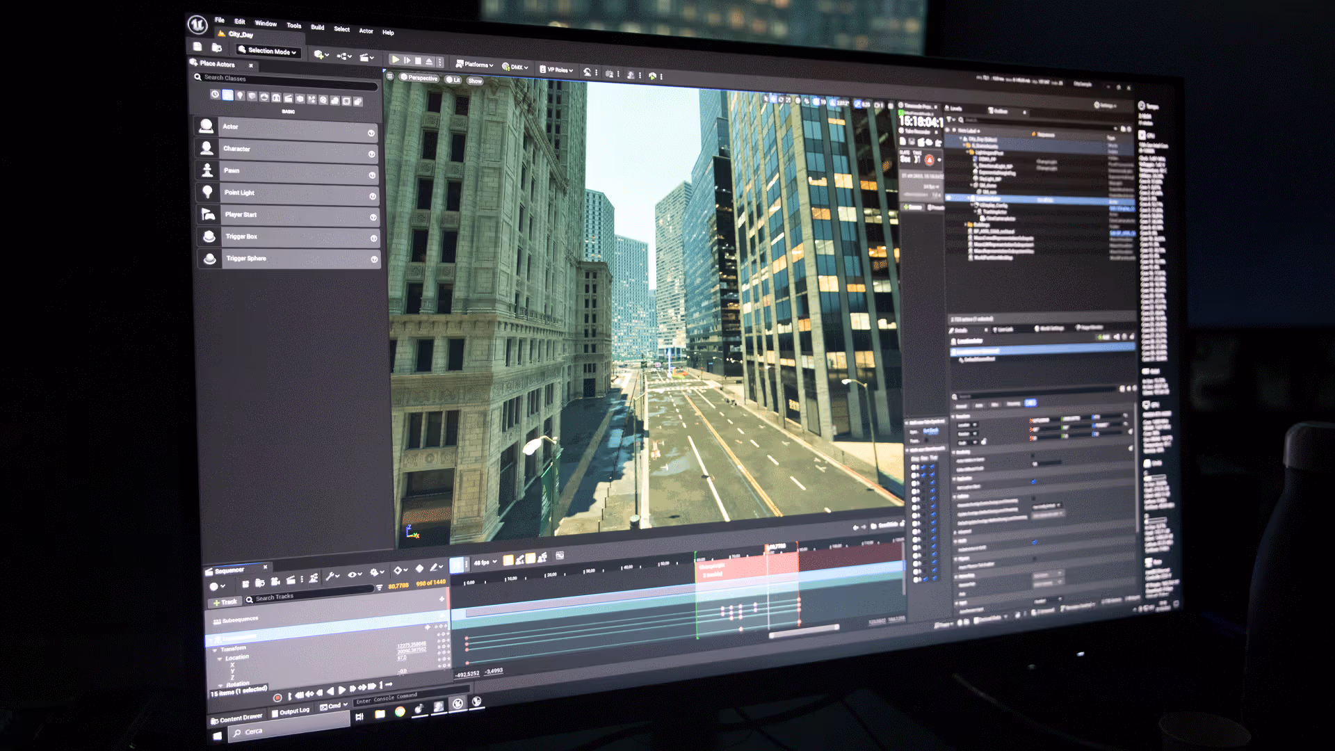 Unreal Engine viewport showing optimised city-street assets during UNSPACE 30-step VP performance pass.
