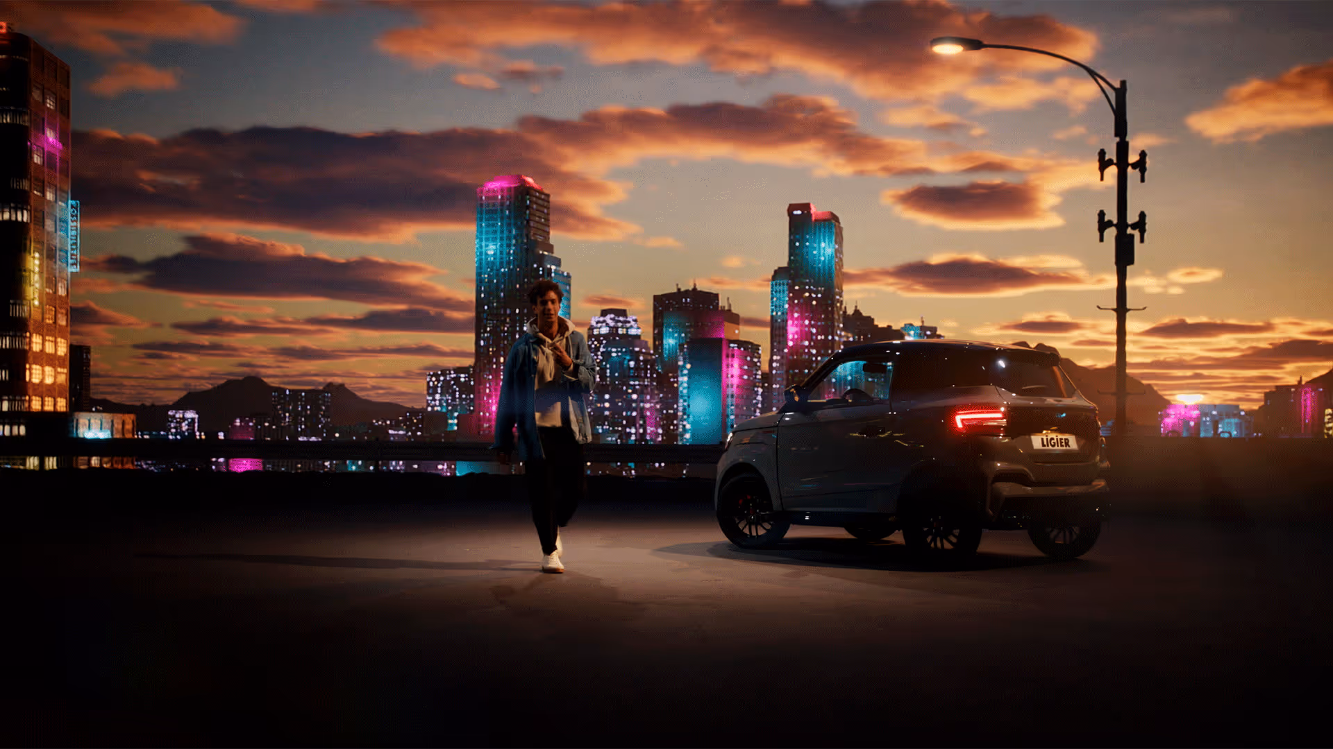 Ligier microcar and actor on rooftop LED volume with stylised neon skyline, crafted by UNSPACE photoreal team.