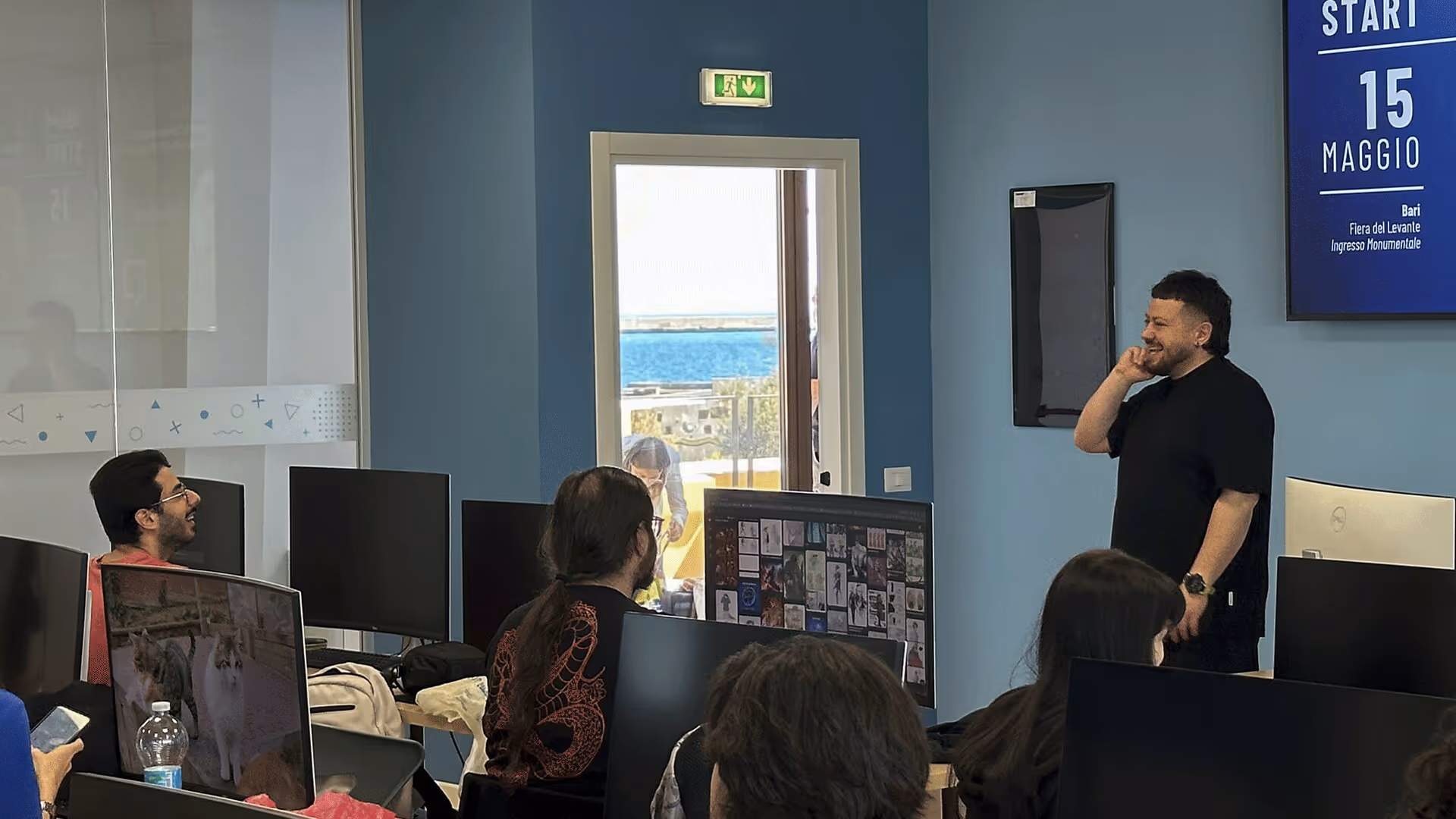 Guest speaker addressing students at UNSPACE Lab, Bari, during partner-led virtual-production lesson.
