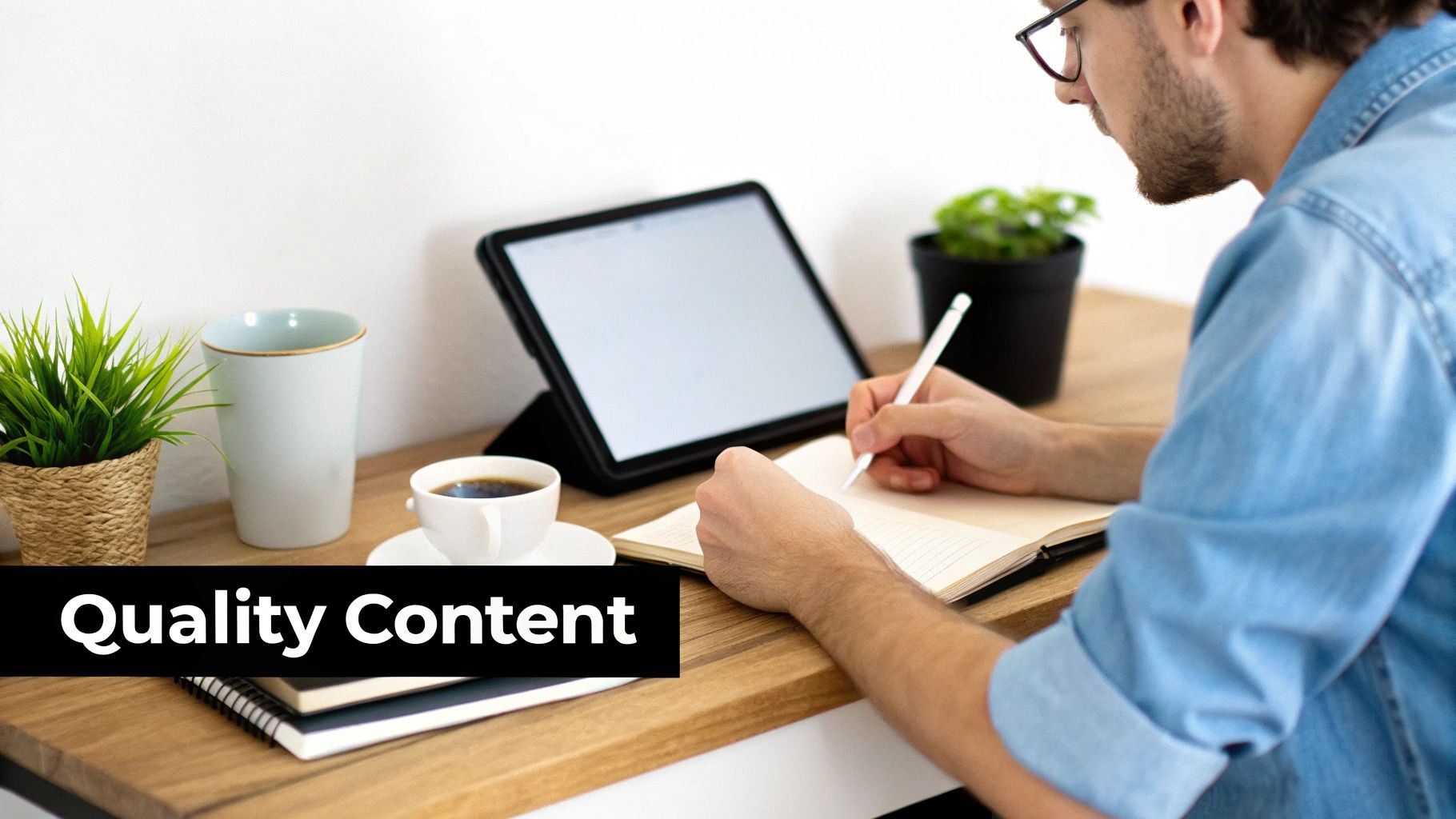 Two professionals collaborating on an SEO strategy using laptops and a large screen displaying AI-driven analytics.