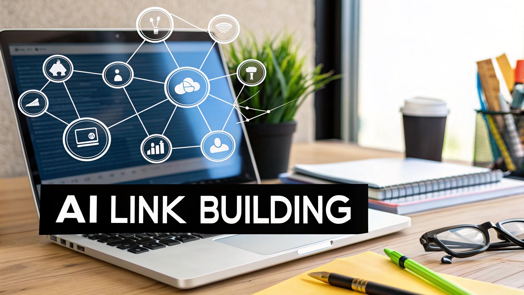 Woman analyzing traffic sources on a laptop, with AI chatbot icons floating around the screen.