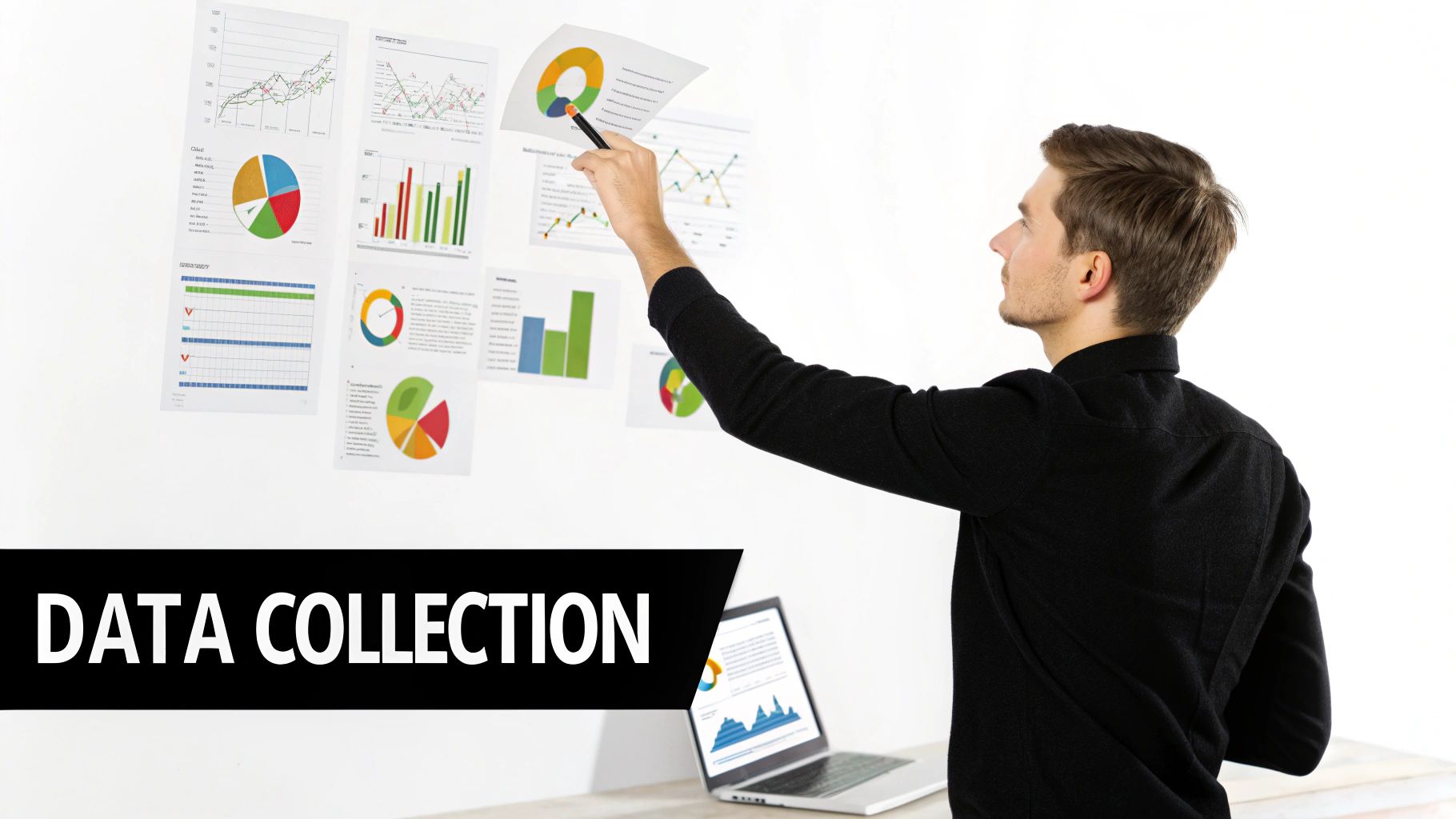 A person arranging blocks with icons representing different marketing tools on a desk.