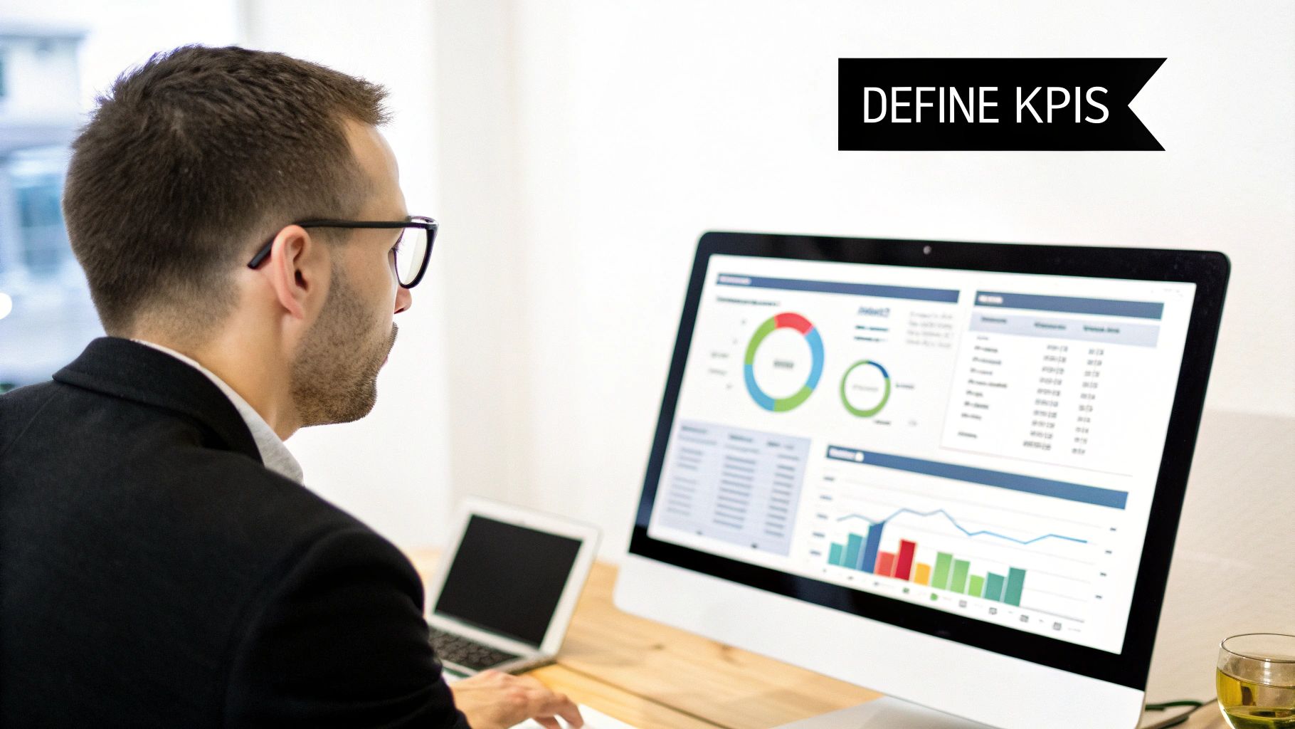 A laptop screen showing a marketing funnel with different stages and icons.