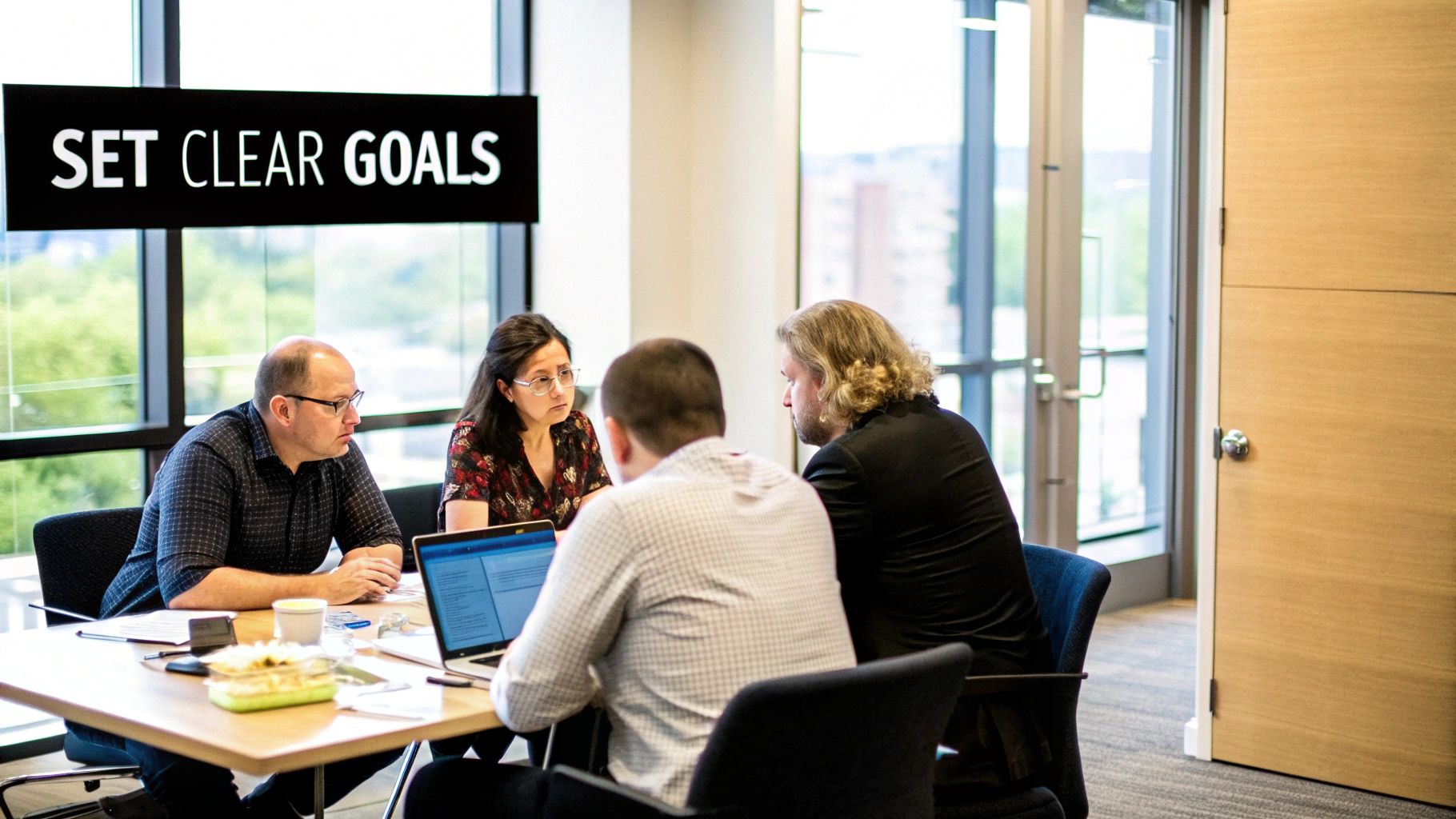 A person pointing at a screen displaying colorful business analytics charts and graphs.