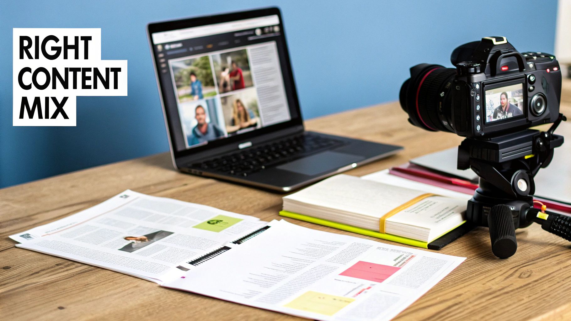 A variety of content format icons like a video play button, a document, and a microphone, arranged on a digital interface.