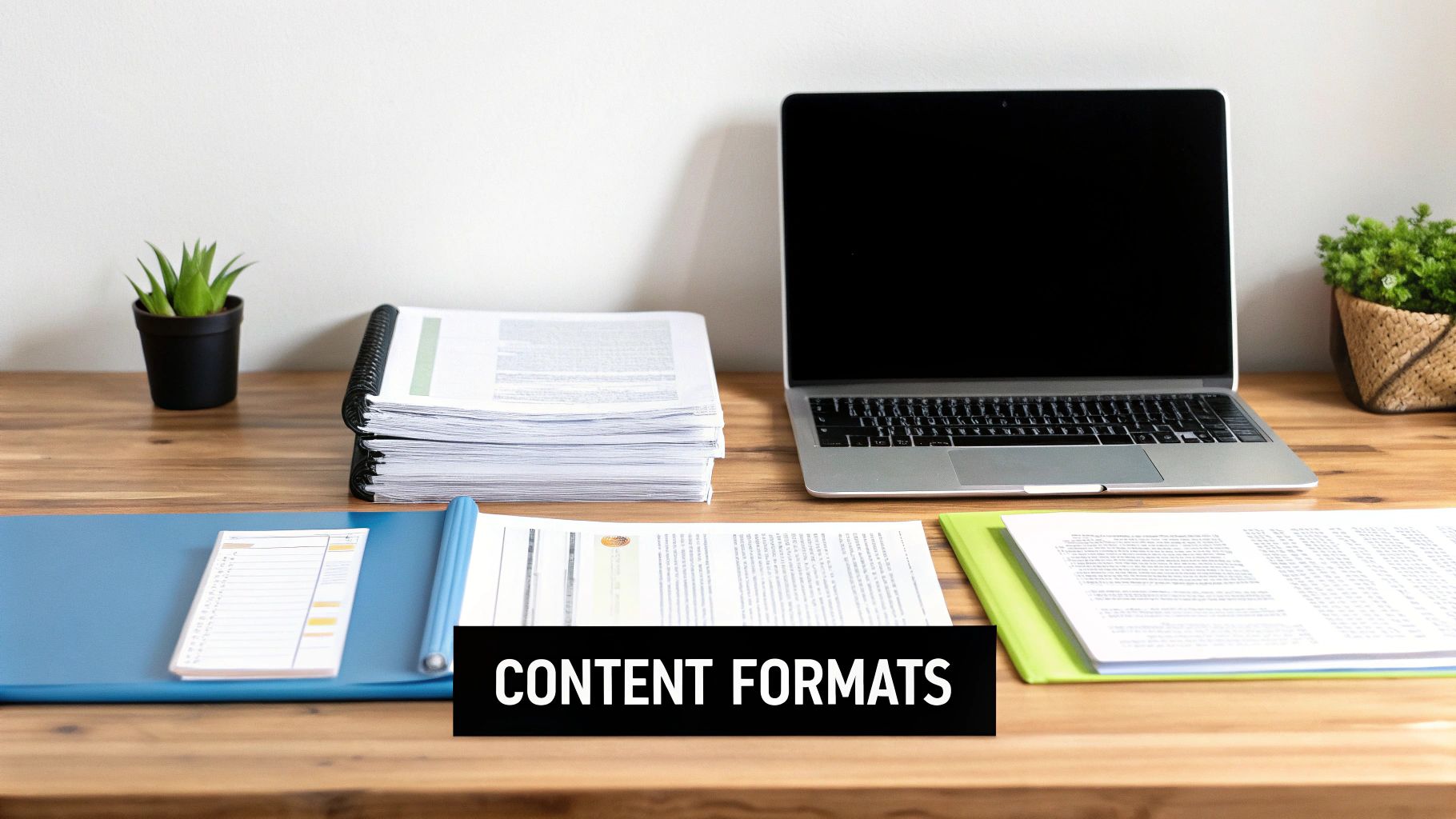 A person is selecting from various digital content format icons, illustrating the choice in B2B content marketing.
