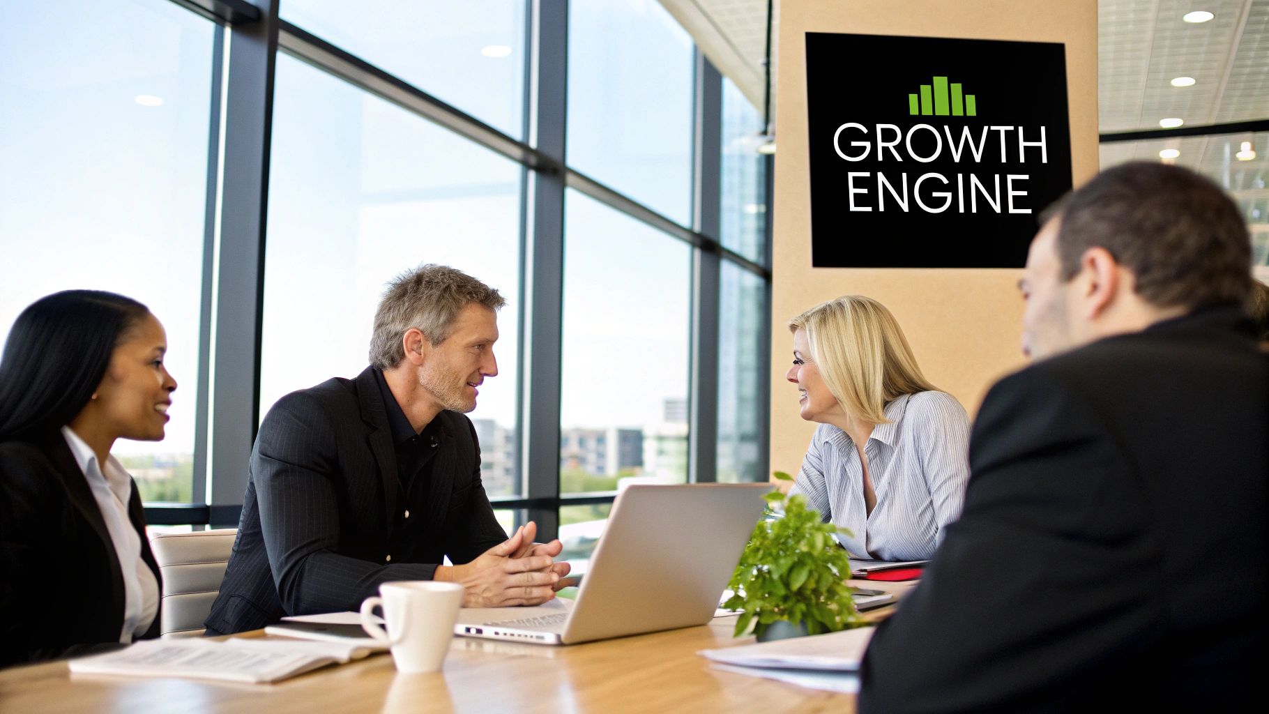 A group of professionals collaborating around a table, symbolizing a strategic content marketing discussion.
