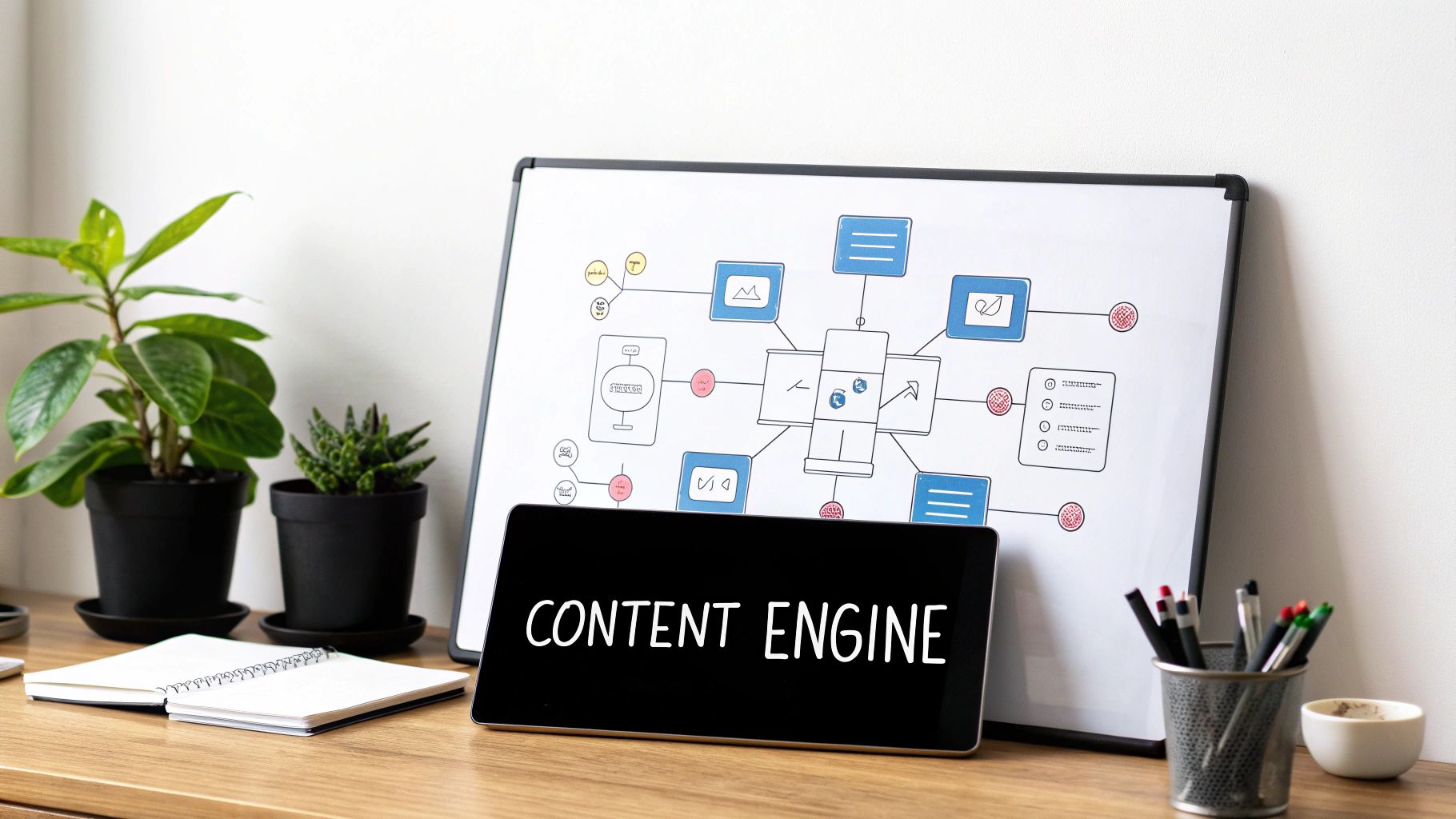 A creative representation of a content and keyword engine, showing interconnected gears and data streams.