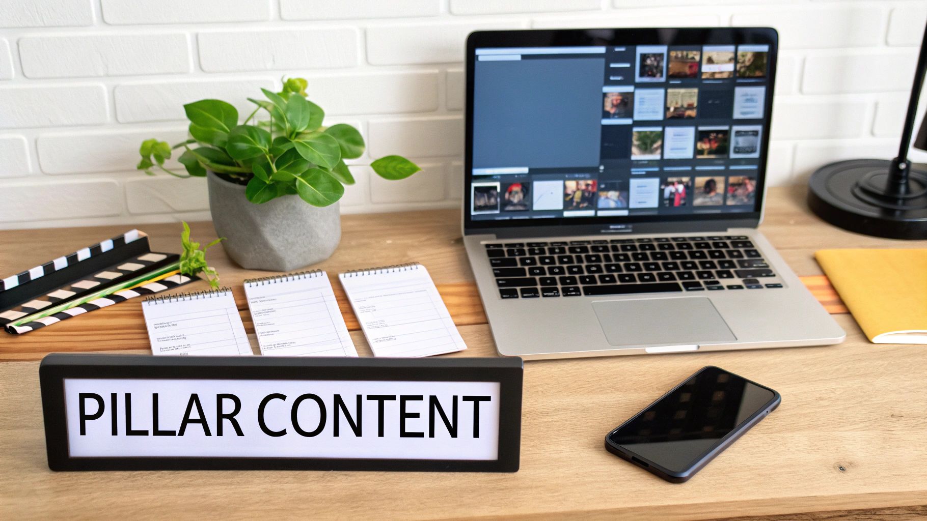 A person working on a laptop, surrounded by creative content ideas visualized as icons and graphics.