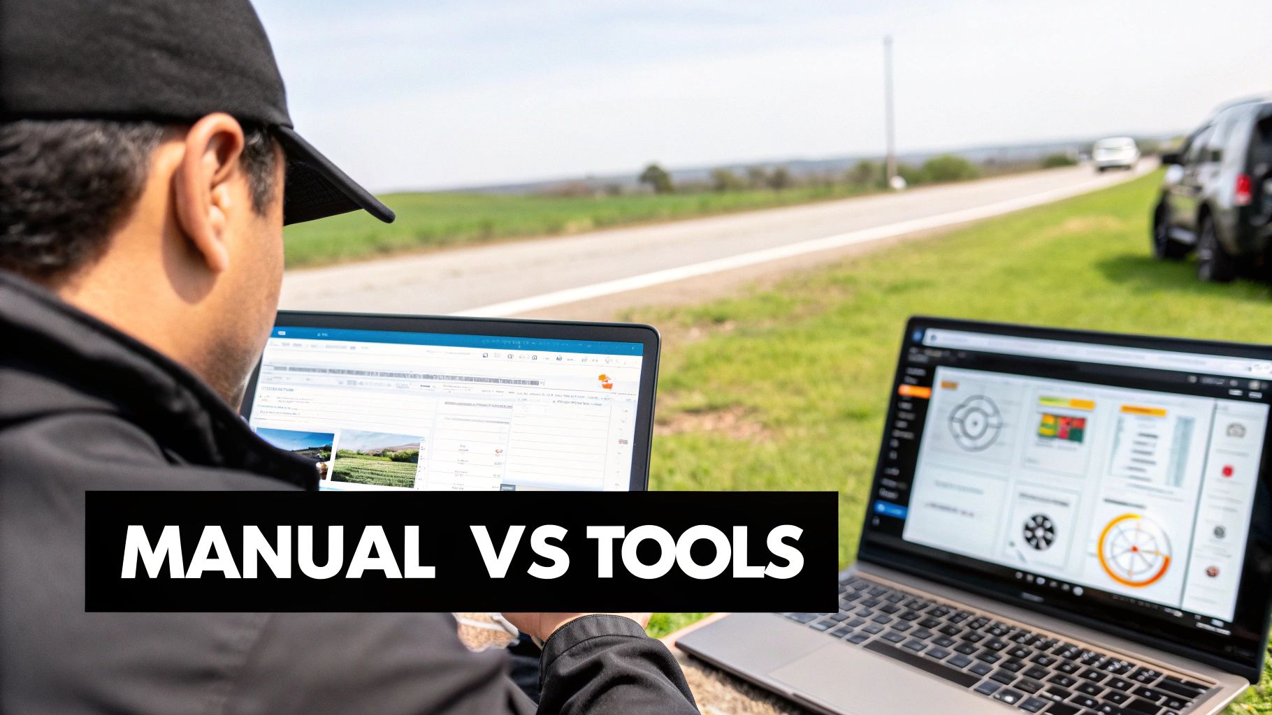 A split-screen graphic showing manual spreadsheet tracking versus a clean automated tool dashboard.