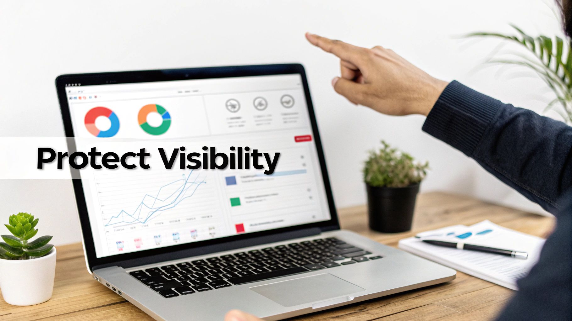 A person pointing at a graph on a laptop screen, symbolizing the analysis of SERP tracking data