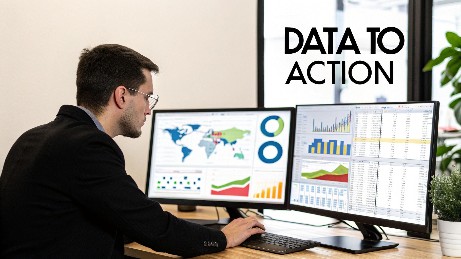 A person analyzing complex data charts on a screen, symbolizing the transformation of raw data into actionable insights.