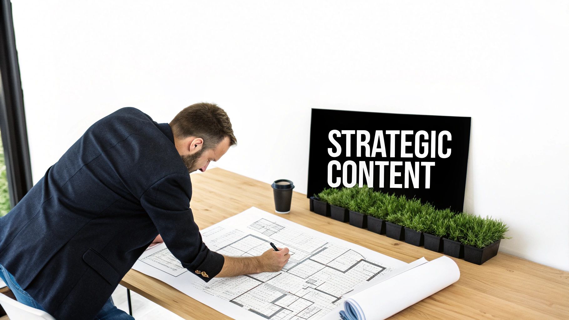 A team collaborating on a content marketing strategy at a table with a laptop and charts.