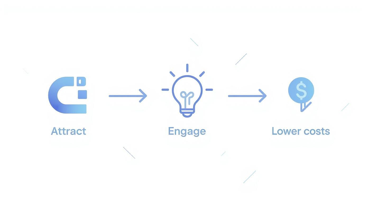 Infographic showing the process of SaaS growth through SEO content marketing, starting with 'Attract' (magnet icon), then 'Engage' (lightbulb icon), and ending with 'Lower Costs' (dollar down arrow icon).