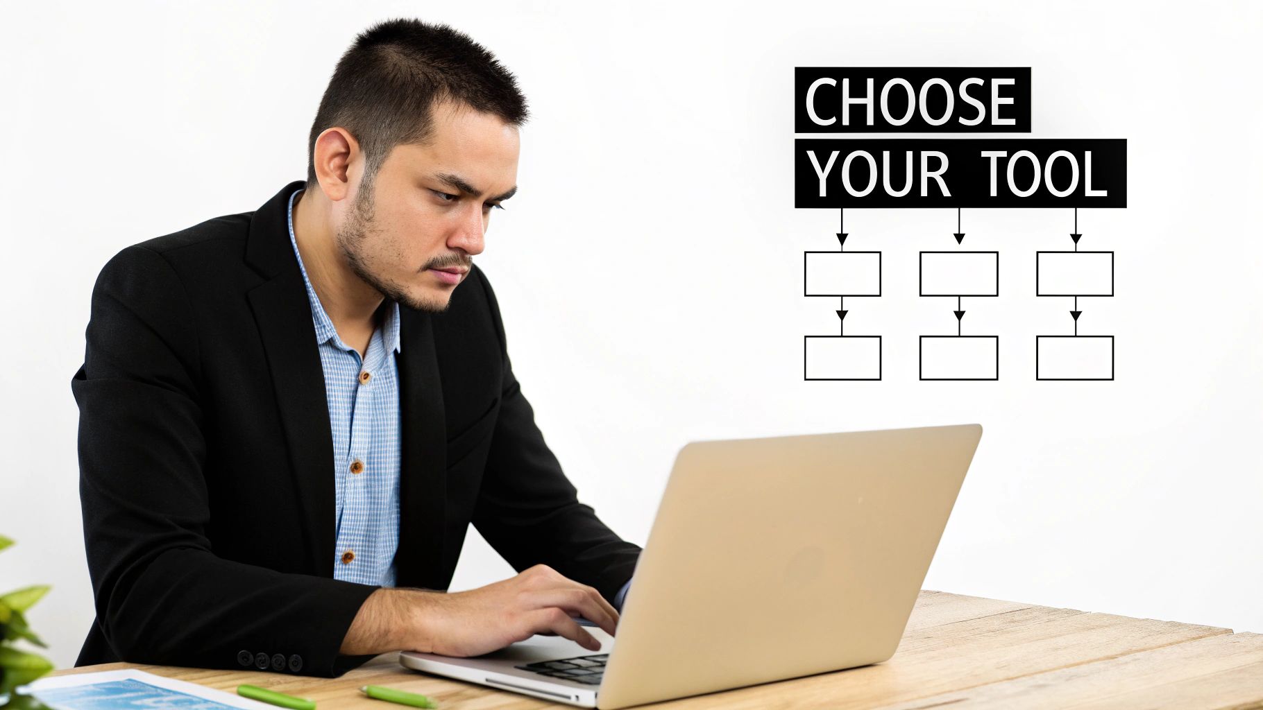 A person at a desk looking thoughtfully at a laptop screen, making a decision.