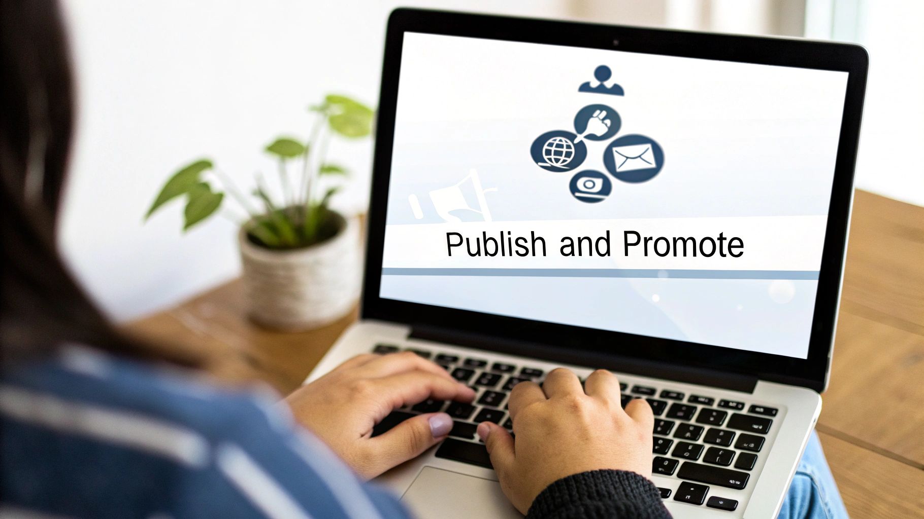 A person at a computer with social media and email icons flying out, symbolizing promotion.