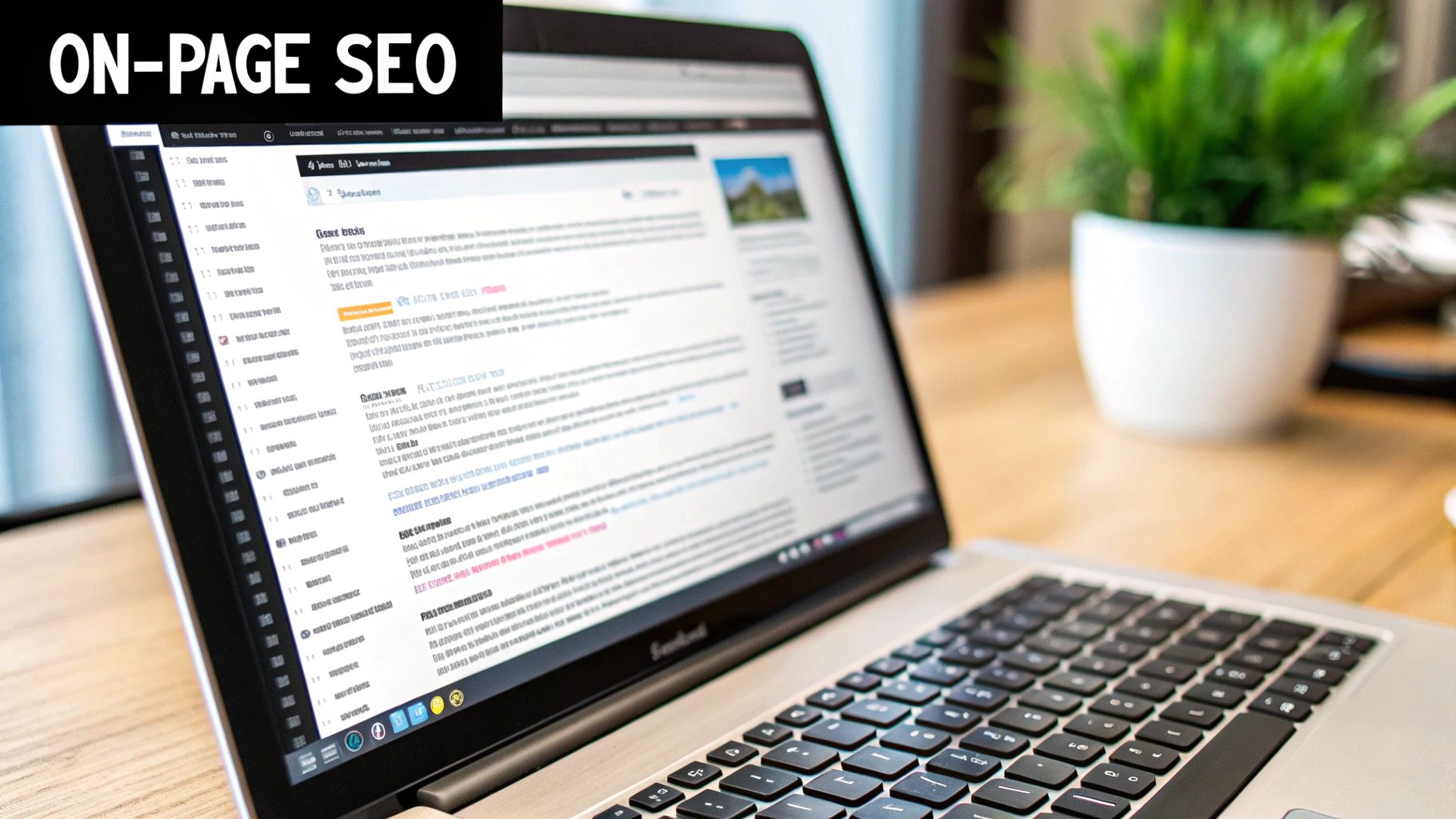 A person working on a laptop with SEO-related icons floating around, symbolizing on-page optimization.