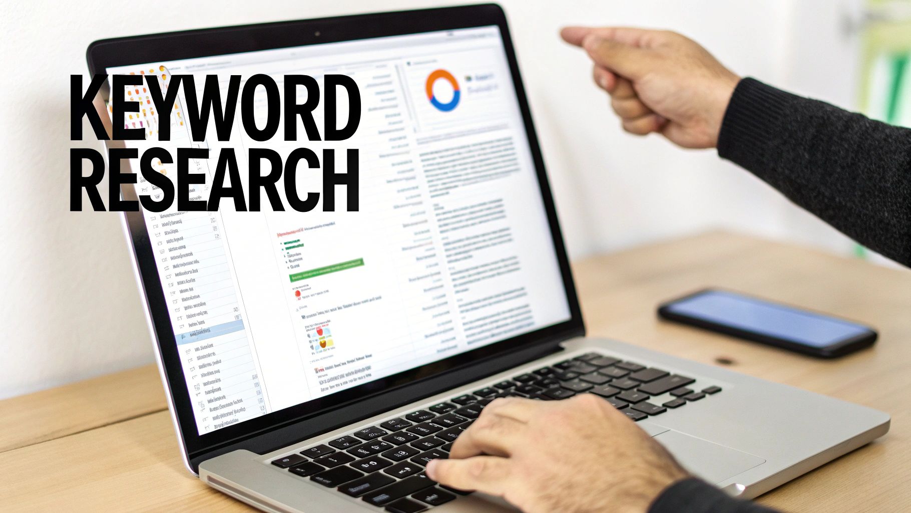 A person at a desk surrounded by charts and graphs, representing SEO research