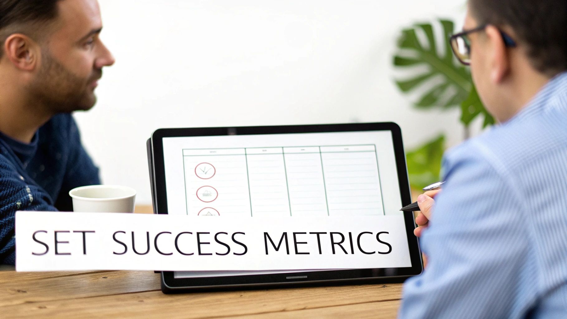 A person at a desk with sticky notes on a clear board, meticulously planning and defining goals.