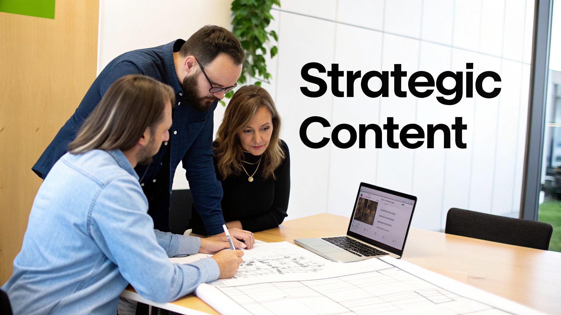 A team collaborating on content creation on a laptop and whiteboard.