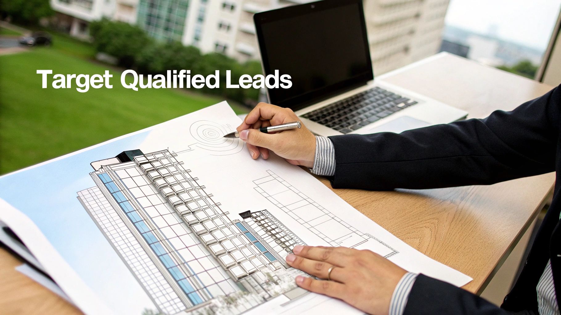 An architect reviewing blueprints for a commercial skyscraper, symbolizing the specialized nature of B2B SEO consulting.