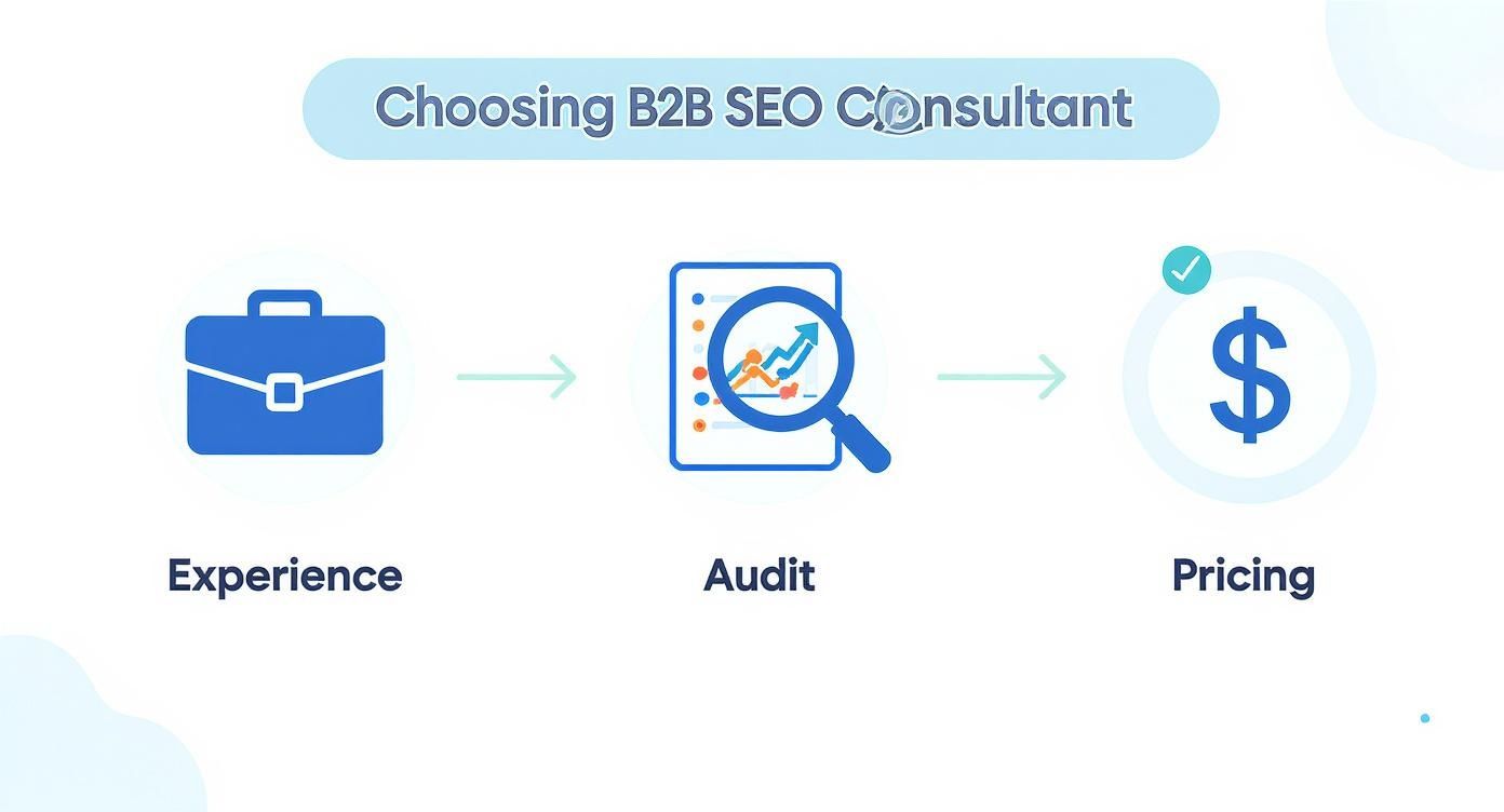 An infographic visualizing the process of choosing a B2B SEO consultant, with icons for experience, audit, and pricing.