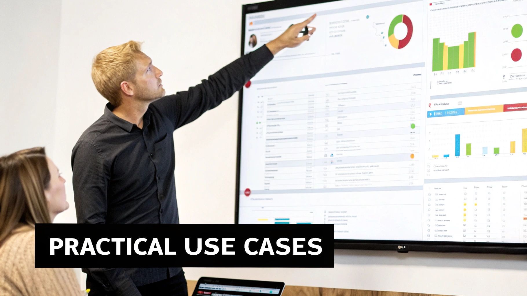 Business professional presenting data analytics dashboard with colorful charts and graphs on large screen