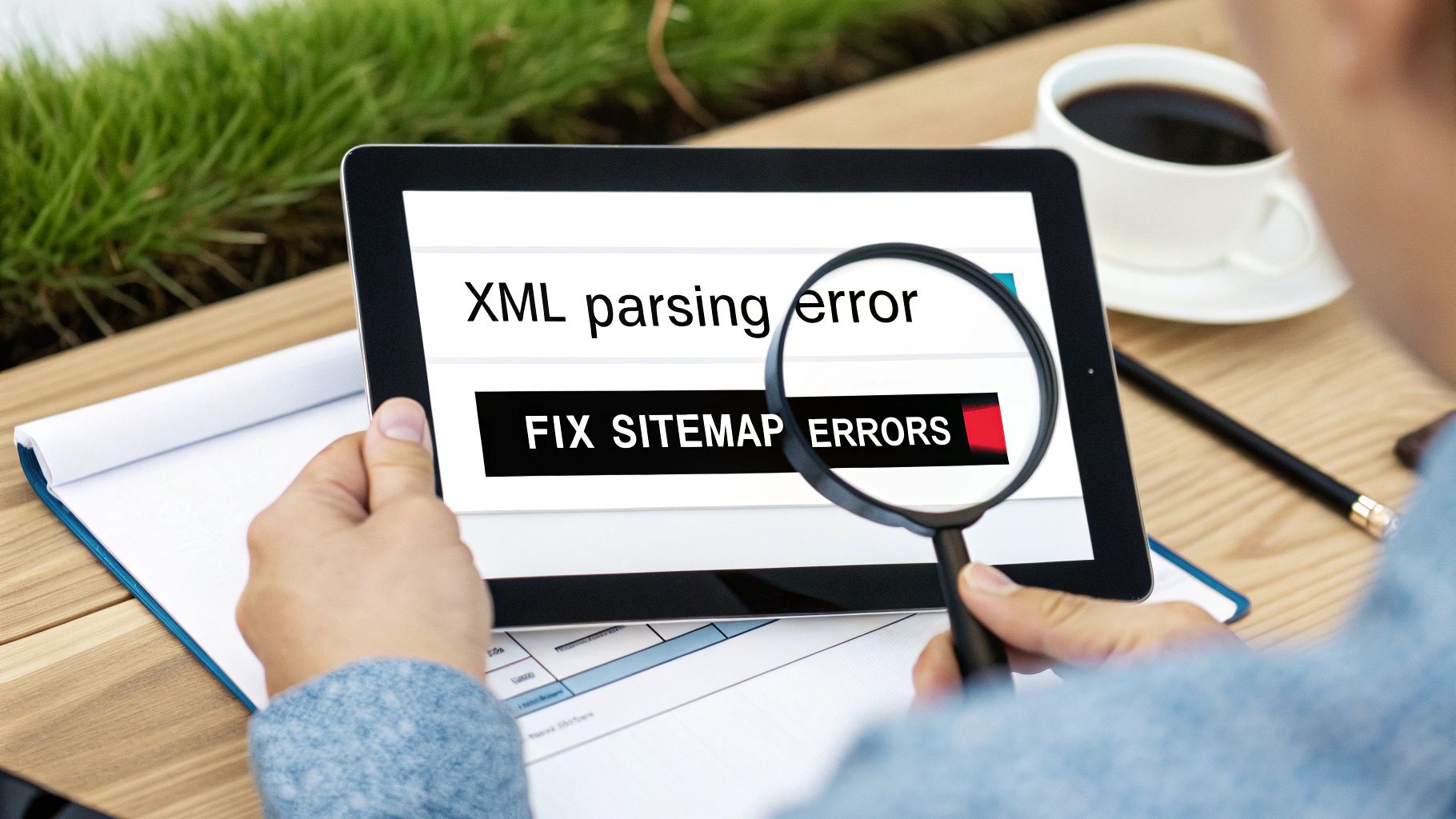 Person using magnifying glass to examine XML parsing error and sitemap errors on tablet screen