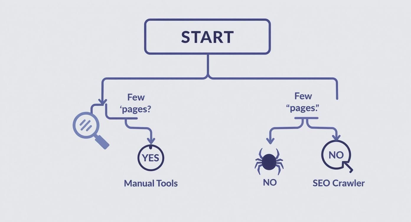 Flowchart showing decision tree for choosing between manual SEO tools or crawler based on page count