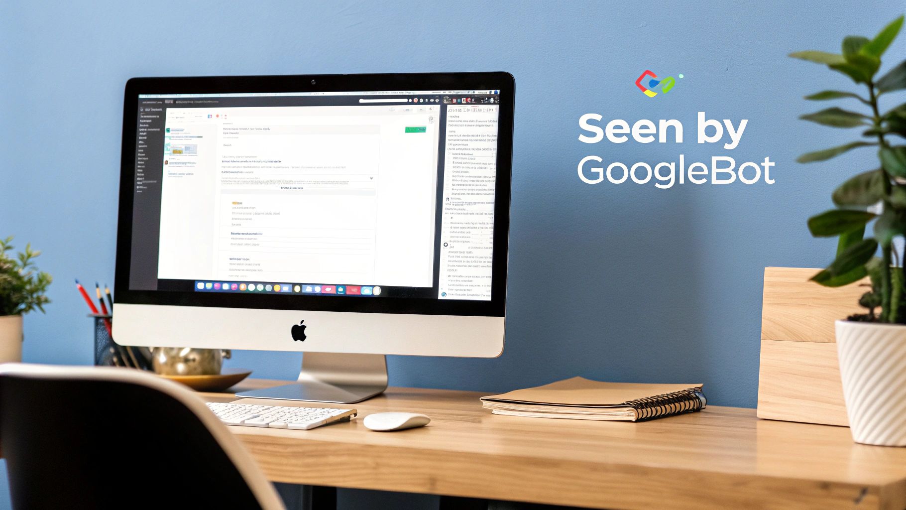 Desktop computer displaying GoogleBot webpage analysis tool with seen by GoogleBot text overlay