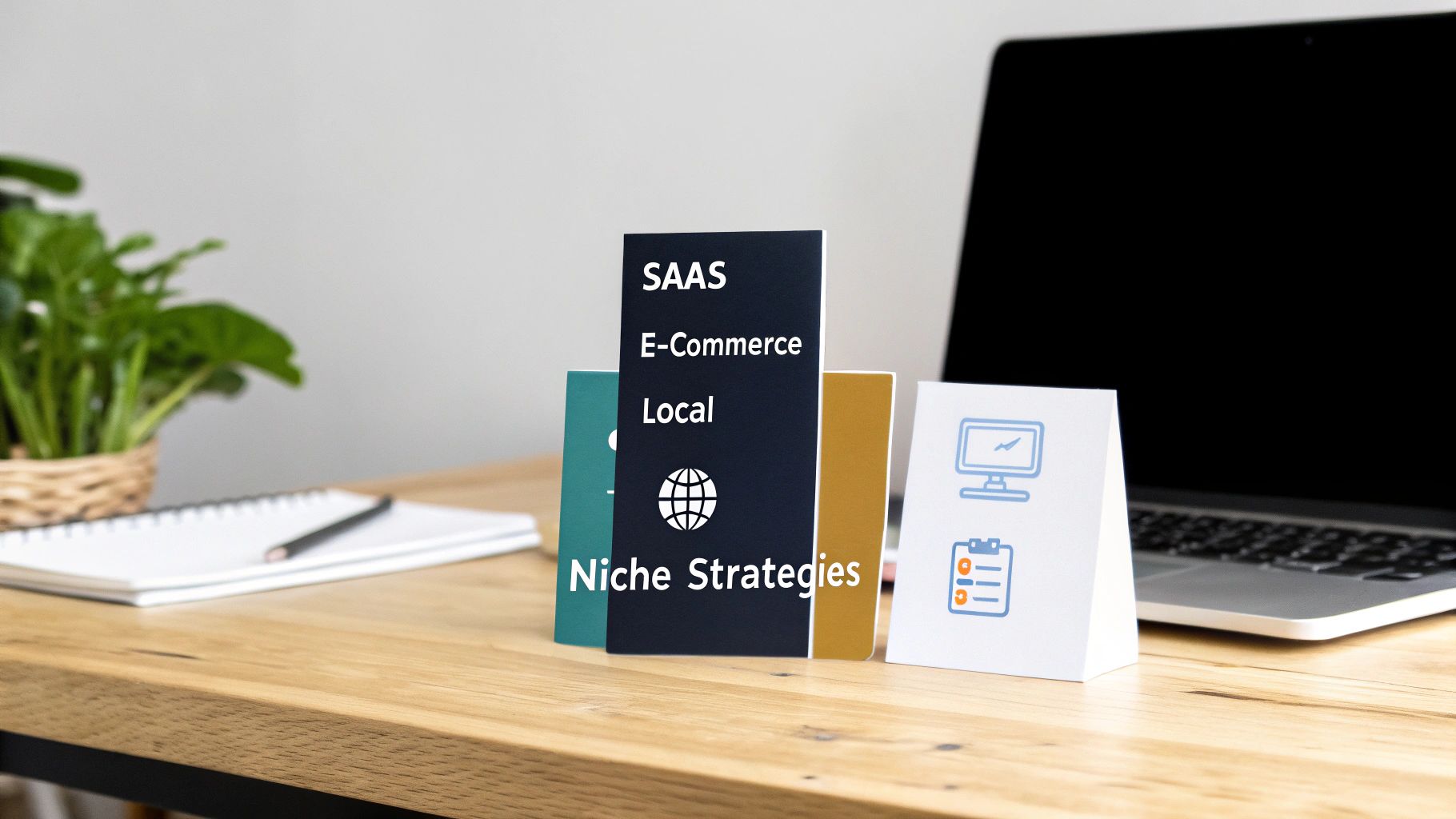 Desk with a laptop, plant, and cards displaying 'Niche Strategies' for SAAS, E-Commerce, and Local businesses.