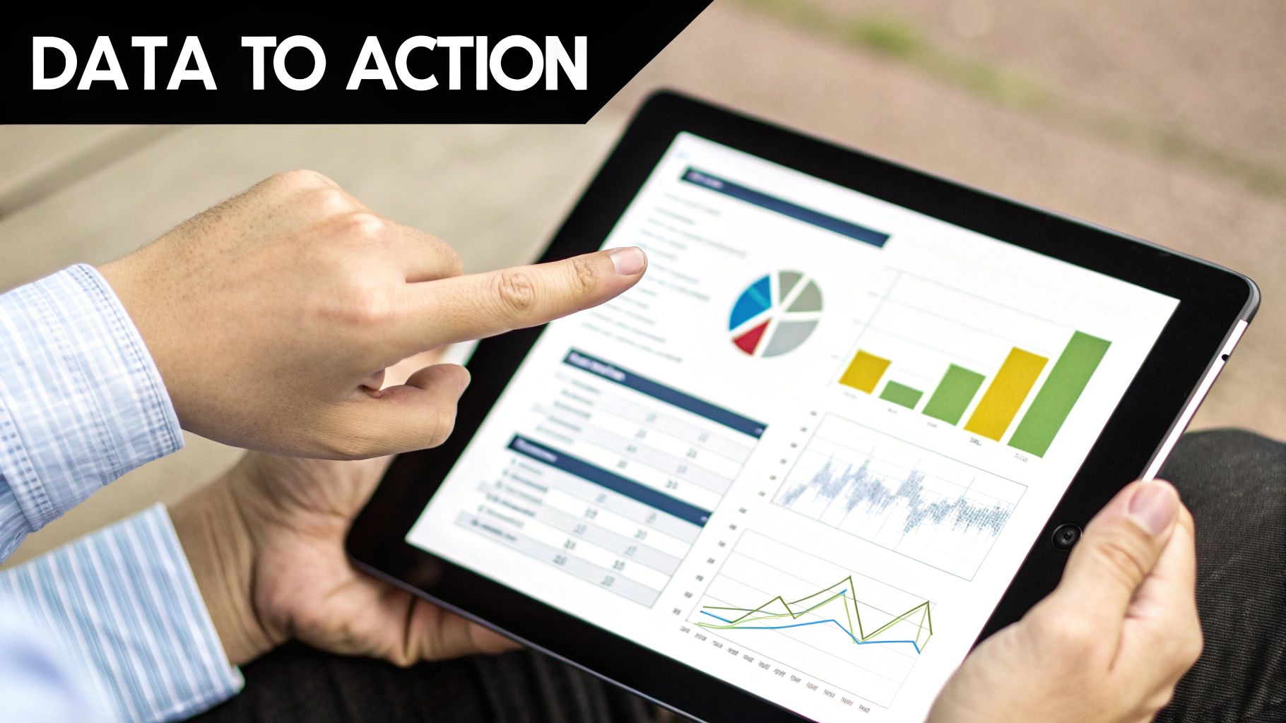Hands interacting with a tablet displaying diverse data charts, graphs, and tables.