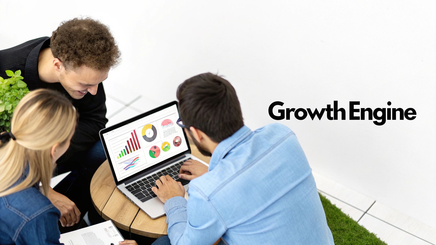 Three diverse professionals analyze business growth data on a laptop in a modern office.