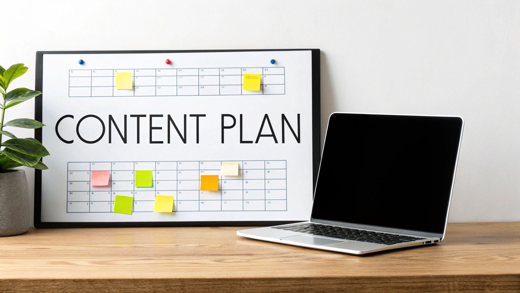 A whiteboard displaying a 'CONTENT PLAN' with colorful sticky notes, next to a laptop and a plant on a wooden desk.