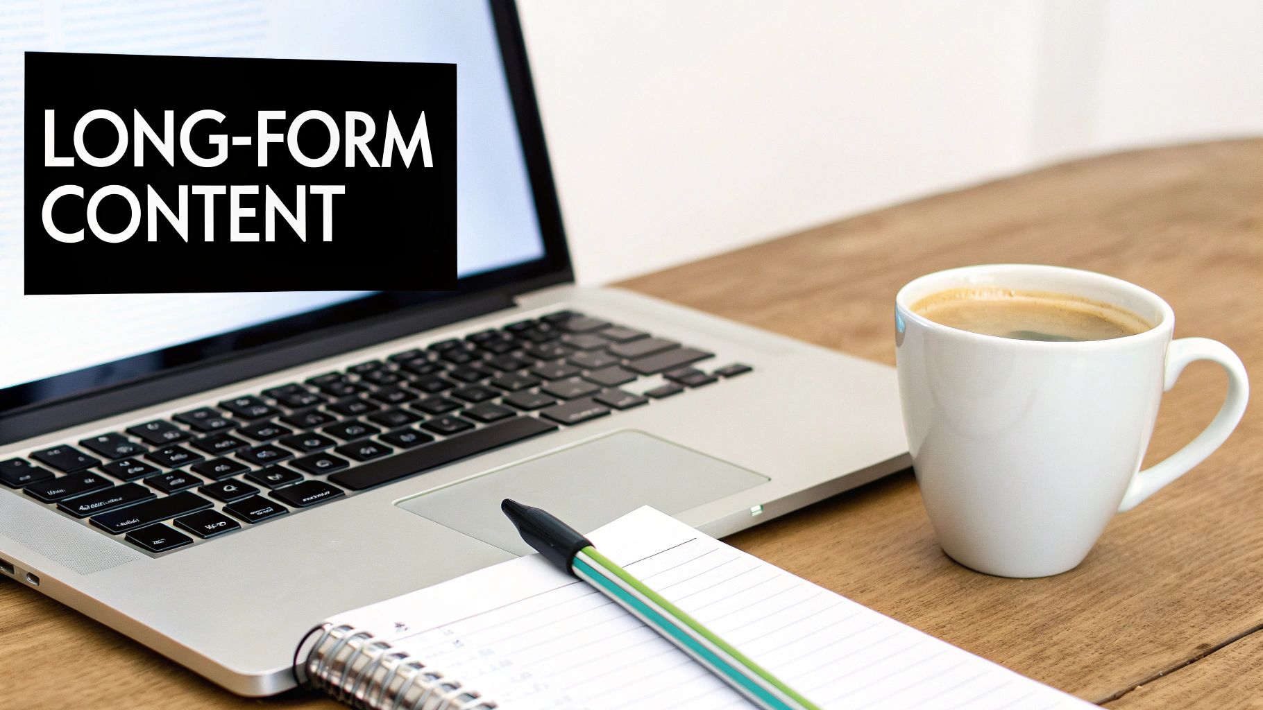 A laptop with 'LONG-FORM CONTENT' on screen, a coffee cup, notebook, and pen on a desk.