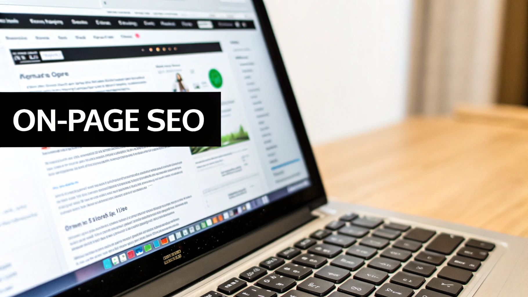 Close-up of a laptop screen featuring 'ON-PAGE SEO' text, essential for website optimization.