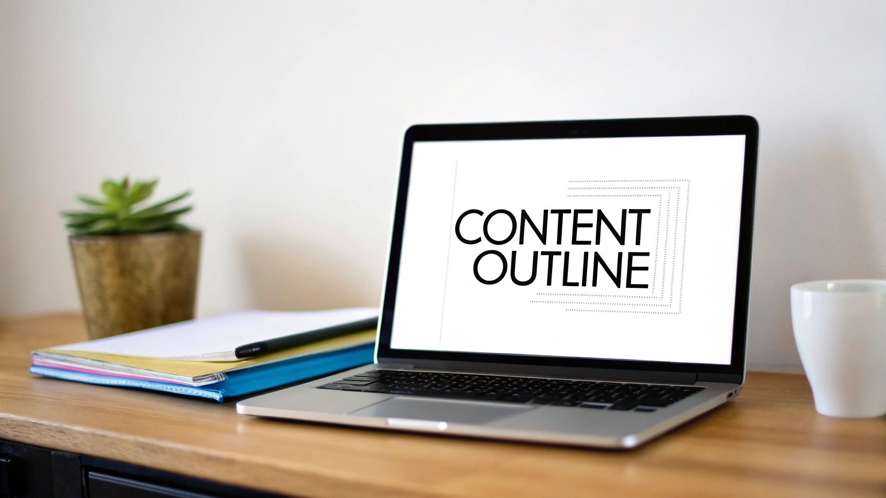 A laptop displaying 'CONTENT OUTLINE' on its screen, surrounded by office supplies on a wooden desk.