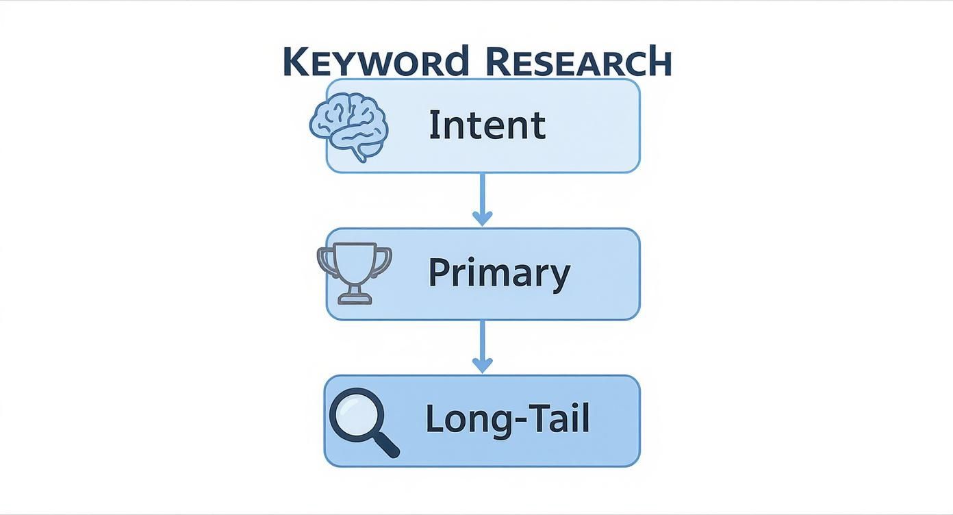 Diagram illustrating the keyword research process: Intent, Primary, and Long-Tail keywords in a flow.
