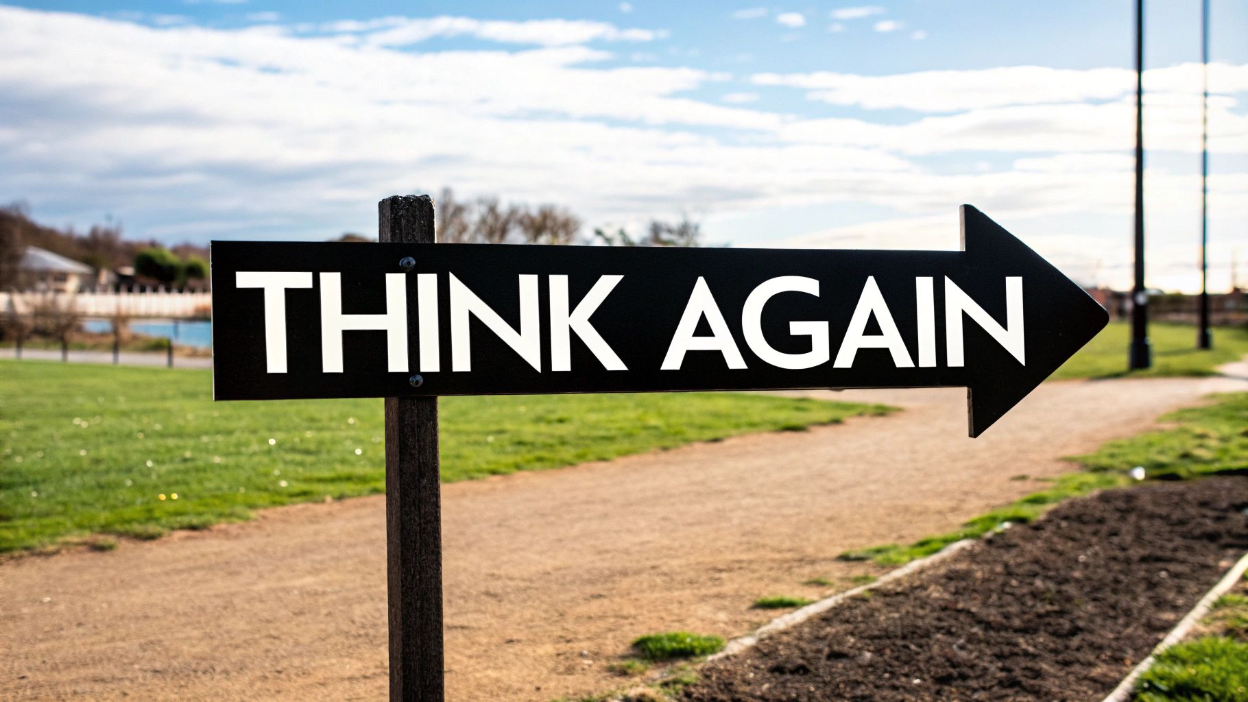 A black directional sign with 'THINK AGAIN' and an arrow pointing right in a park.