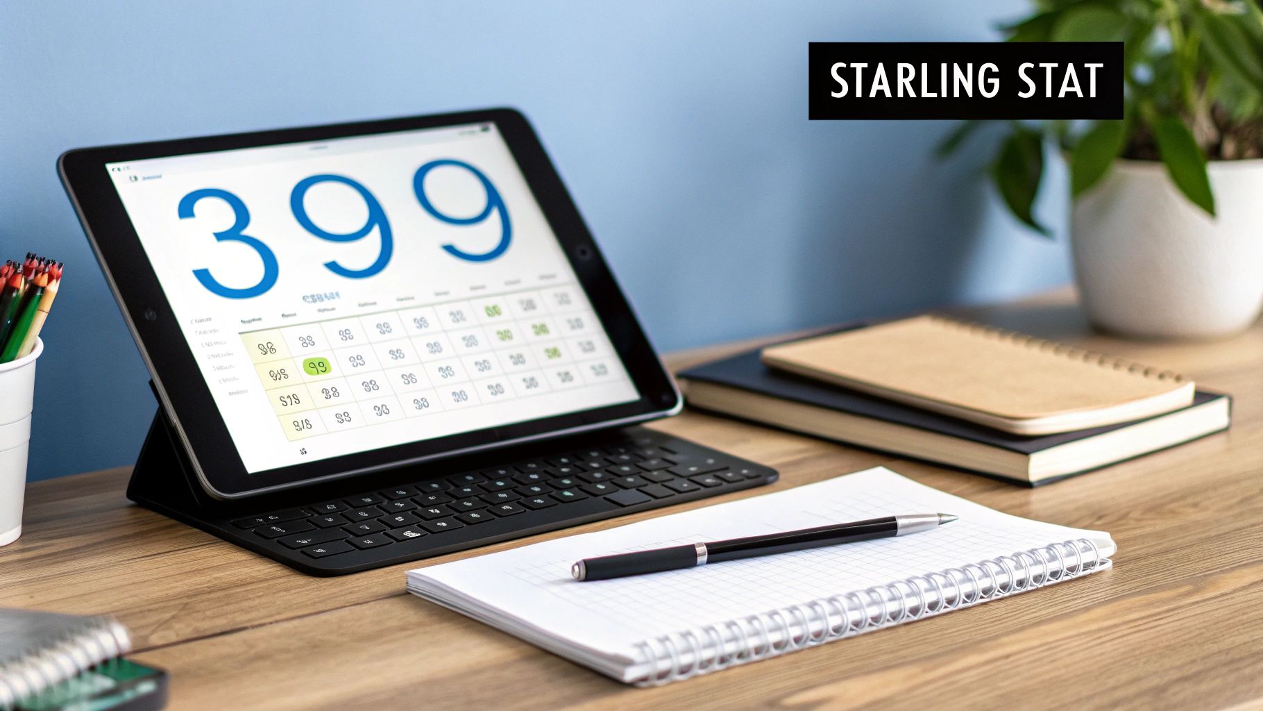 A digital tablet showing the number 399 and a grid of data, with a pen, notebook, and pencils on a wooden desk.