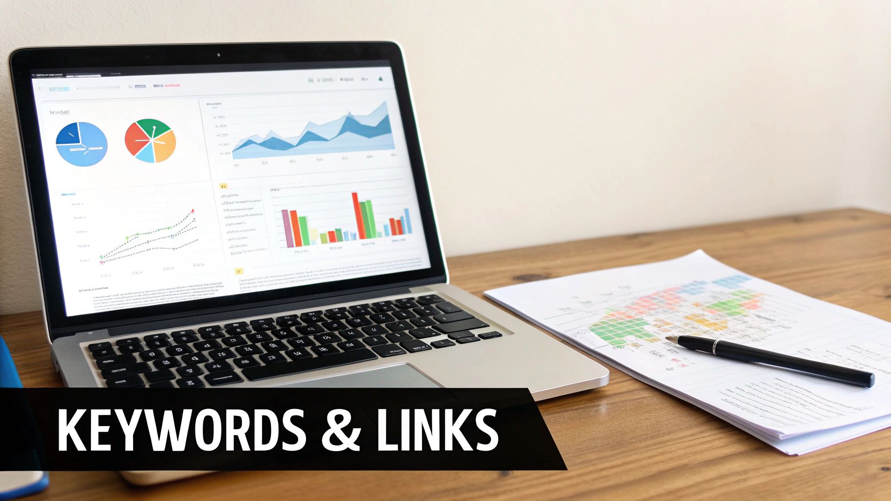 Laptop displaying SEO analytics with various graphs, charts, and 'KEYWORDS & LINKS' text on a wooden desk.