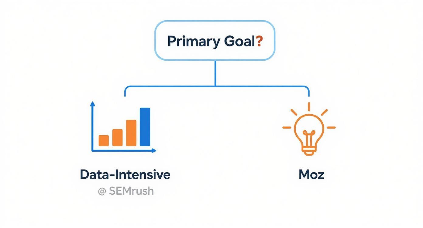 Flowchart asking 'Primary Goal?' leading to 'Data-Intensive @ SEMrush' with a bar chart and 'Moz' with a lightbulb.