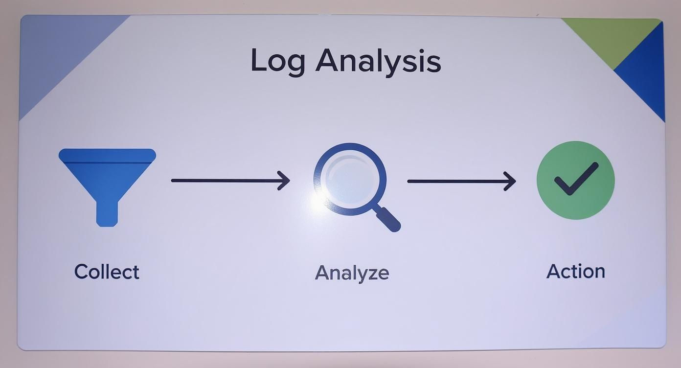 A diagram illustrating the Log Analysis process: Collect (funnel), Analyze (magnifying glass), and Action (checkmark).