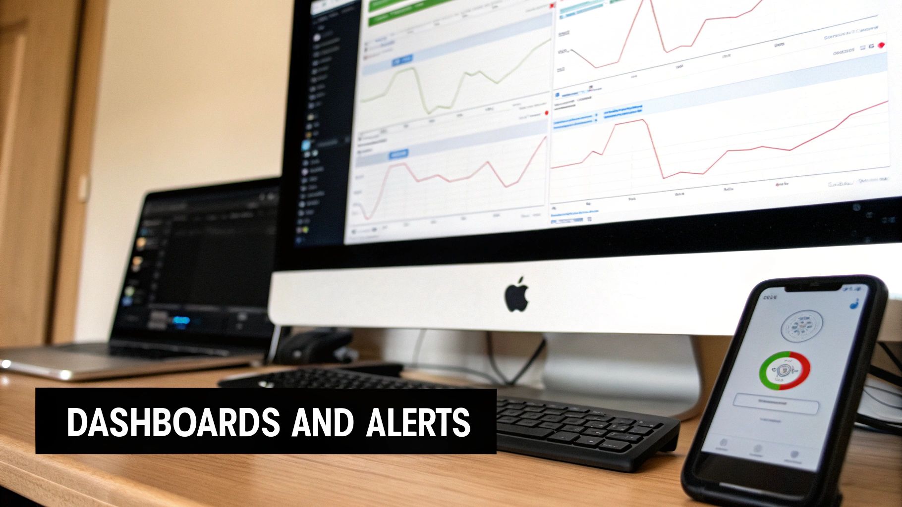 A desk with an iMac displaying data dashboards, a laptop, and a smartphone showing alerts.