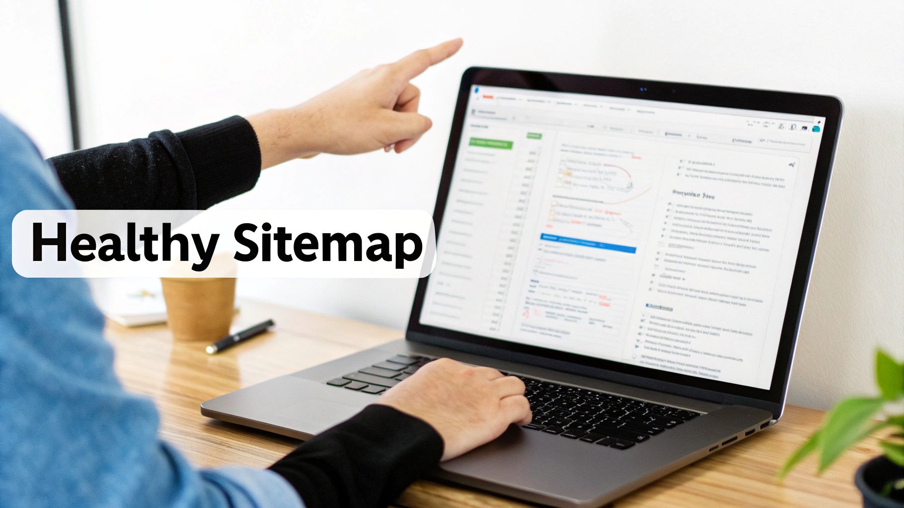 Person pointing at a laptop screen displaying web data with 'Healthy Sitemap' overlay.