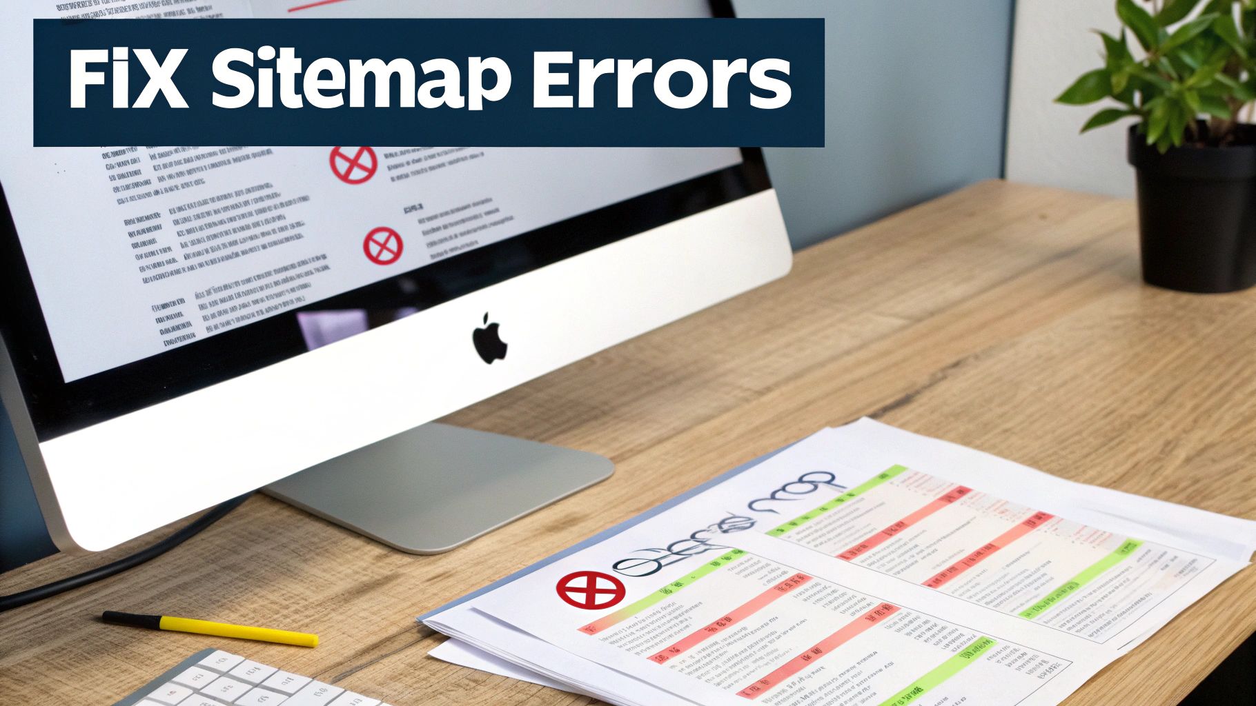 A desk with an iMac displaying sitemap errors and printed documents with highlighted fixes.