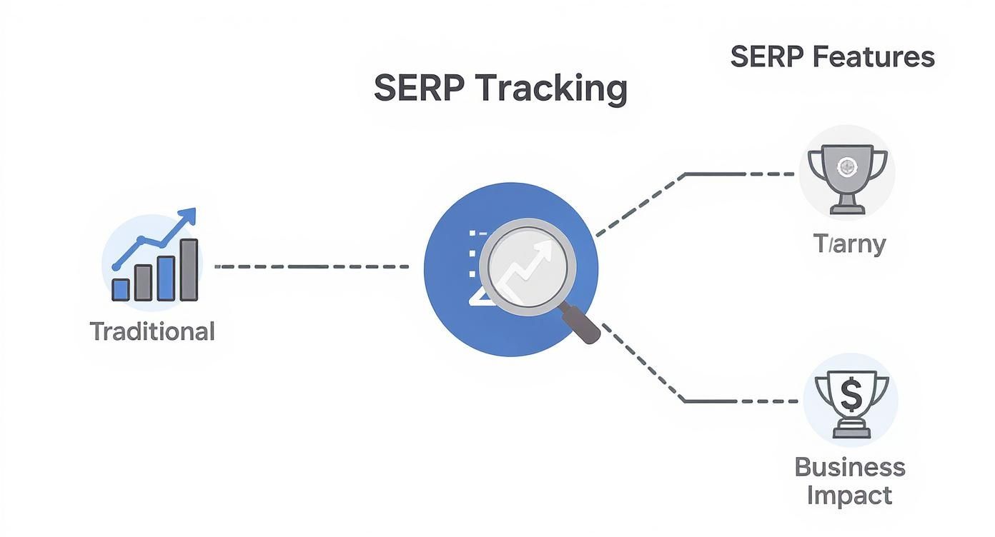 Diagram explaining SERP tracking, showing traditional metrics leading to SERP features and business impact.